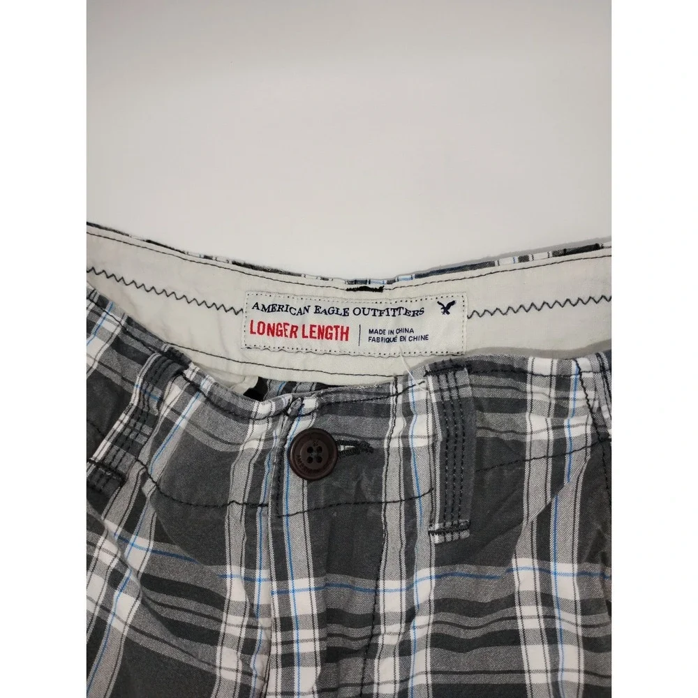 American Eagle‎ Mens Shorts Longer Length Size 28 Gray Plaid All Cotton 11in